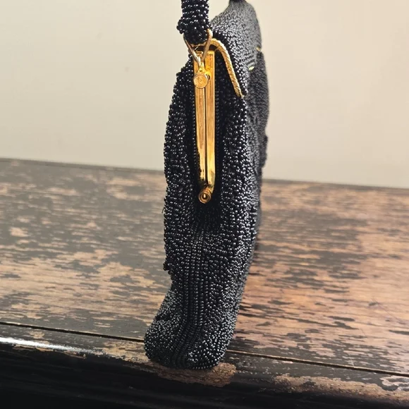 Black Beaded Vintage Handbag with Silk Interior - Picture 5 of 9